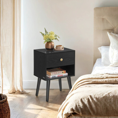 Bedside Table - Solid Wood - Ebony Black - Storage Drawer and Open Shelf 2