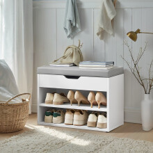 Shoe Storage Bench - Wood - Cloud White - Cushion Top and 3 Storage Compartments