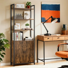 Tall Bookshelf - Metal - Ebony Black and Ink Black - 6-Tier Design with Door and Adjustable Shelves