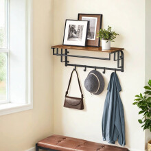 Wall-Mounted Coat Rack - Metal and Wood - Brown and Black - Includes 5 Removable Hooks and Floating Shelf