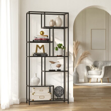 Tall Bookcase - Tempered Glass and Steel - Black - 6-Tier Shelving Unit for Living Room and Study