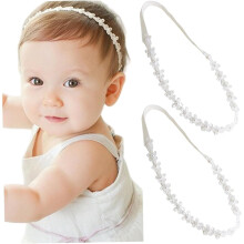 2Pcs Baby Girl Headbands, Elastic Lace Baby Hair Accessories with Flowers & Pearl