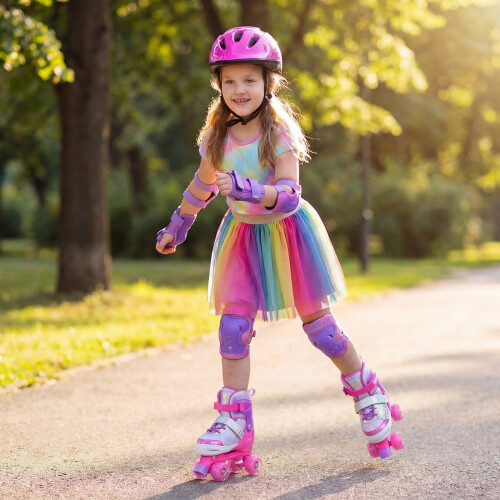 Verstellbare Kinder-Rollschuhe mit Leuchtrollen, Pink 1