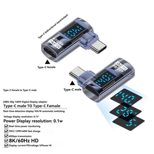 2X 90 Degree USB C Adapter Right Angle U Shape Type C Adapter 40Gbps Data Transfer PD 140W USB4.0 8K 60Hz Converter, A 2