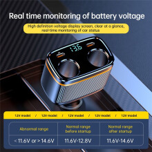 Car Splitter 145W USB C Carregador de Carro 4 Portas Adaptador de Carregador de Carro Display de Voltagem para Todos Os Dispositivos de Carro