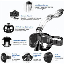 2X Snorkel Mask Foldable Diving Mask Set with Dry Top System and Camera Mount,Black
