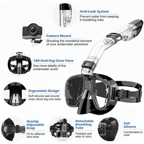 2X Snorkel Mask Foldable Diving Mask Set with Dry Top System and Camera Mount,Black