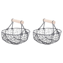 2X Holzgriff Metall Retro Korb Tragbare Multifunktions GemüSe Obst Ei Lebensmittel Praktische Ablagekorb Organizer Schwarz
