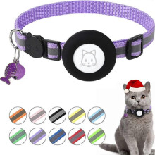 Justerbart Airtag-halsband för katt GPS-reflekterande halsband med lufttagshållare, säkerhetsspänne och klocka och fiskbenshänge lila