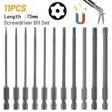 TENCE11-osainen Torx-ruuvimeisselin kärkisarja, kuusiokolo, magneettinen pää, 75 mm, erittäin pitkä