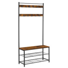 Coat Rack - Steel Frame - Rustic Brown and Black - 3-in-1 Design with Shoe Storage Bench
