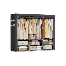 Clothes Wardrobe - Fabric - Black - Large Capacity with 3 Hanging Rails and Shelves