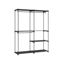 Portable Clothes Storage Organizer - Fabric - Black - Large Capacity with 3 Hanging Rods and Shelves