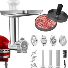 Darálófej KitchenAid robotgéphez, 3 db kolbásztöltő cső és tartó, 4 db tárcsa, 2 db penge, hamburgerprés