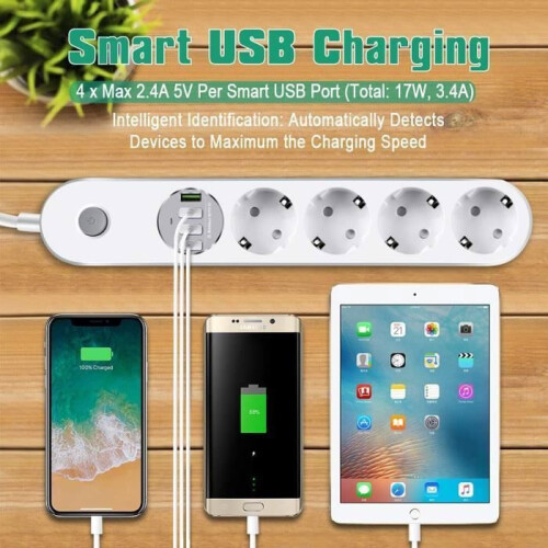 Multipresa con protezione da sovratensione, 4 prese + 4 porte USB Type E, 10A 2500W, cavo da 2 m - Bianca 2