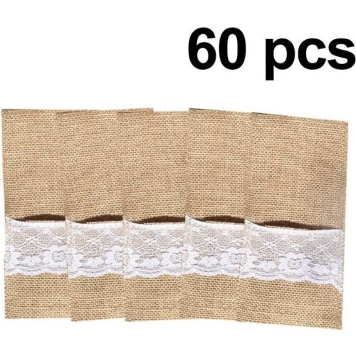 Bestickhållare - Set om 60 - Säckväv - Spets - Vintage Bröllop