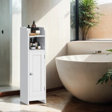 Narrow Bathroom Storage Cabinet - Wood - Dove Grey - Adjustable Shelves, Freestanding Toilet Paper Organizer