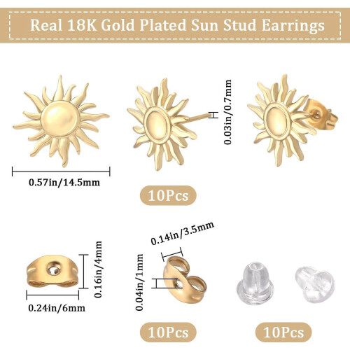 1 κουτί 10 τεμάχια σκουλαρίκια Sun Stud, σκουλαρίκια από ανοξείδωτο ατσάλι 18 καρατίων 1