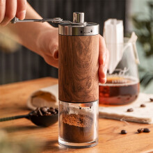 Moulin à café manuel avec bol en verre, acier inoxydable, réglage infini, silencieux et portable, idéal pour le café moulu à la main.