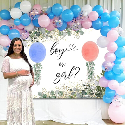 Hintergrund mit Grünpflanzen für die Geschlechtsenthüllung, blaue oder rosa Ballons, Banner „Junge“ oder „Mädchen“, 2