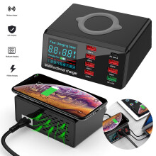 PD snelladen, LED-kleurendisplay, draadloos opladen, QC3.0, 8 USB-poorten, kabel en oplader.