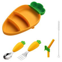 Assiette pour tout-petit Hariumiu avec compartiments, ensemble d'assiettes en silicone en forme de carotte, ventouse, anti-basculement, compatible