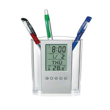 Többfunkciós átlátszó tolltartó LCD naptárral és ébresztőórával, asztali szervező irodai papírárukhoz