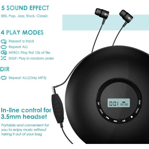 Φορητό επαναφορτιζόμενο CD player, φορητό CD player αυτοκινήτου, 1400mAh CD Walkman, 2