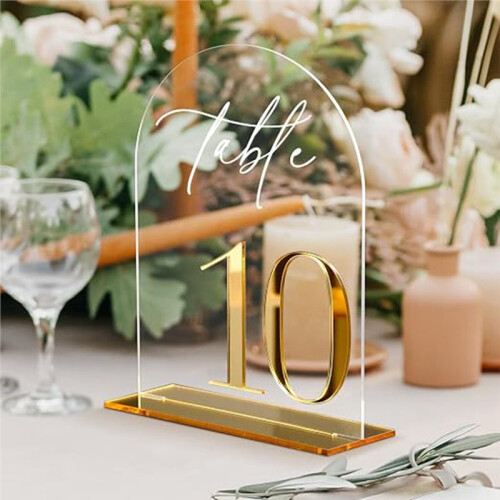 Números de Mesa de Casamento Acrílicos 1-10, Placas Arqueadas de 5x7 Polegadas com Suportes Dourados para Recepção 2