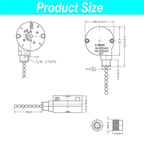 3PCS Ceiling Fan Lights  ZingEar ZE-208S E89885 3 Speed 4 Wire Fan  Pull Chain ,Fan Lights ,Bronze 1