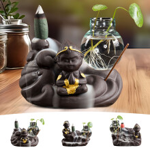 Brûleur d'encens extérieur à flux inversé Jacenvly, décor d'automne, petit moine Sun Wukong, sable violet - Compatible avec un insert pour