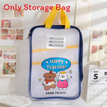 (Blue) Mesh Transparent Organizer With Zipper And Cartoon Animals Desk School Storage