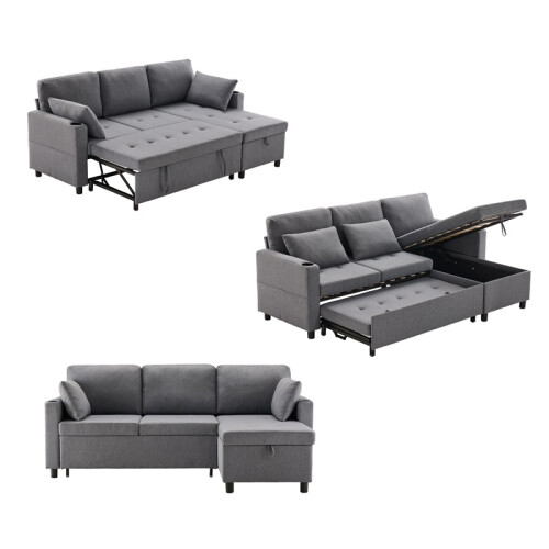 (Grey, Fabric) Grey L-Shaped Sofa Bed with Storage 2