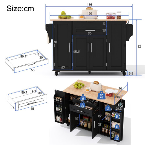 Rolling Kitchen Island 129x46x91cm 2 Drawers 1