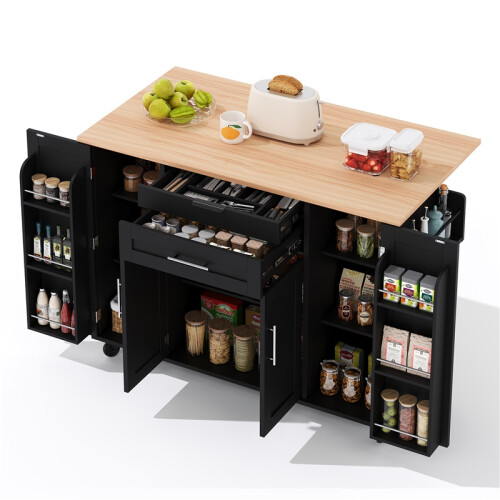 Rolling Kitchen Island 129x46x91cm 2 Drawers 2