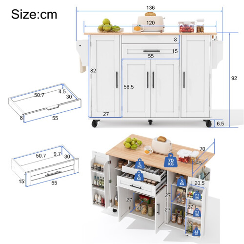 Mobile Kitchen Island on Wheels, 129x46x91cm 1