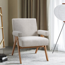Beige Linen Upholsteried Wooden Armchair with Wooden Legs