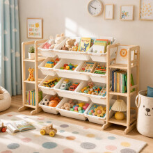 GALACTICA Kids Toy Storage Organiser Removable Bins Open Bookshelves 52.3"W