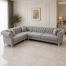 (Grey Velvet, 6 Seater (Left hand)) Chesterfield Style 4/5/6-Seater Sofa Corner Settee Chaise Lounge Couch Sofa for Living Room