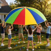 12ft Regenbogen-Spielfallschirm für kooperatives Gruppenspiel, großes Regenbogendach mit verstärkten Griffen, Mesh-Center,
