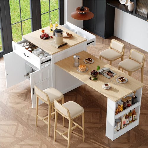 (White, MDF) Expandable Kitchen Island 133-202cm 2Drawers