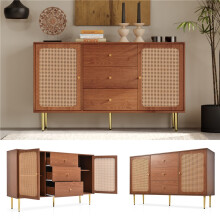 (Walnut, Particle Board) Rattan Sideboard Cabinet - 150x90x40cm, Walnut