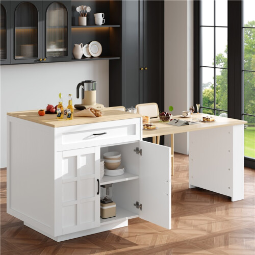 (White, MDF) Expandable Kitchen Island 133-202cm 2Drawers 2
