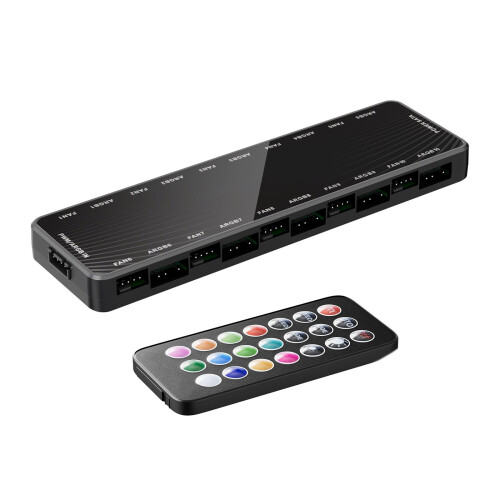 Customizable PC Fan Controller 10 Port ARGB PWM Hub with Remote for Gamers Black