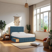 (Single, Navy) Munic Plush Bed Set With Mattress, 2 Drawers Same Side & 24"Headboard