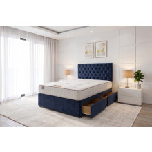(Small Single, Navy) Athens Plush Bed Set With Mattress, 2 Drawers Same Side & 24"Headboard