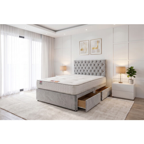 (Small Single, Silver) Athens Plush Bed Set With Mattress, 2 Drawers Same Side & 24"Headboard