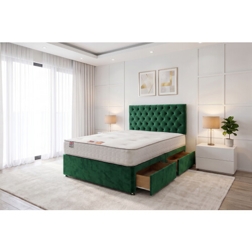 (Small Single, Emerald) Athens Plush Bed Set With Mattress, 2 Drawers Same Side & 24"Headboard