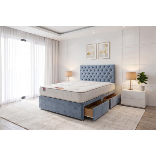 (Single, Sky Blue) Athens Plush Bed Set With Mattress, 2 Drawers Same Side & 24"Headboard