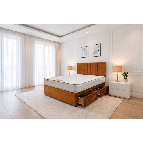 (Small Single, Orange) Emily Plush Bed Set With Mattress, 2 Drawers Same Side & 24"Headboard